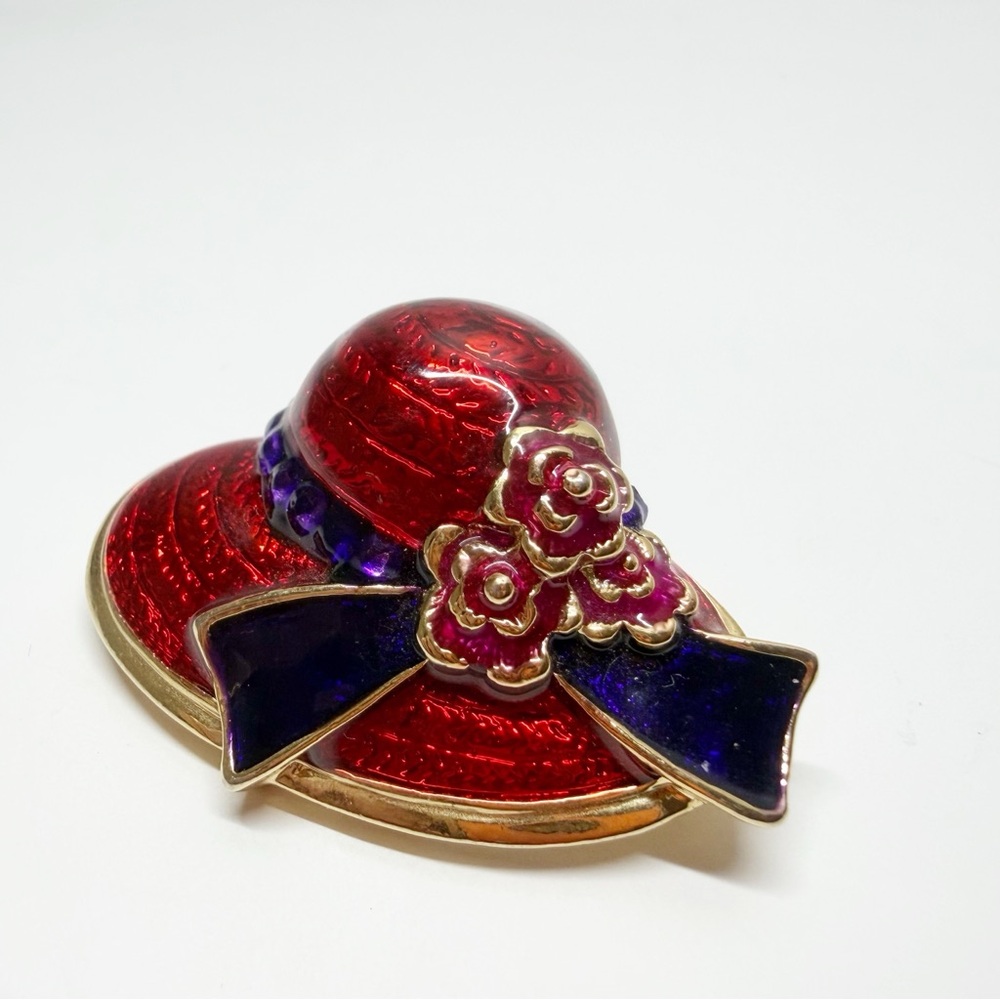 Enamel Rhinestone Floral Ribbon Red Hat Brooches - Picture 9 of 12